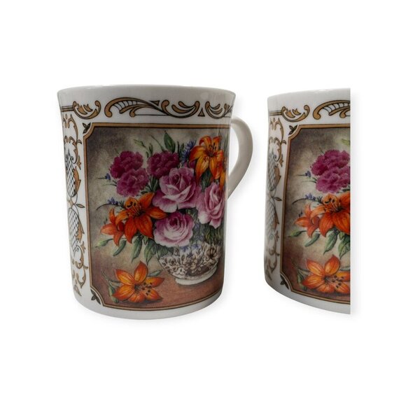 Royal Worcester Porcelain Floral Bouquet Scroll Coffee/Tea Mugs Set Of 2 Fine Bo - Picture 14 of 15
